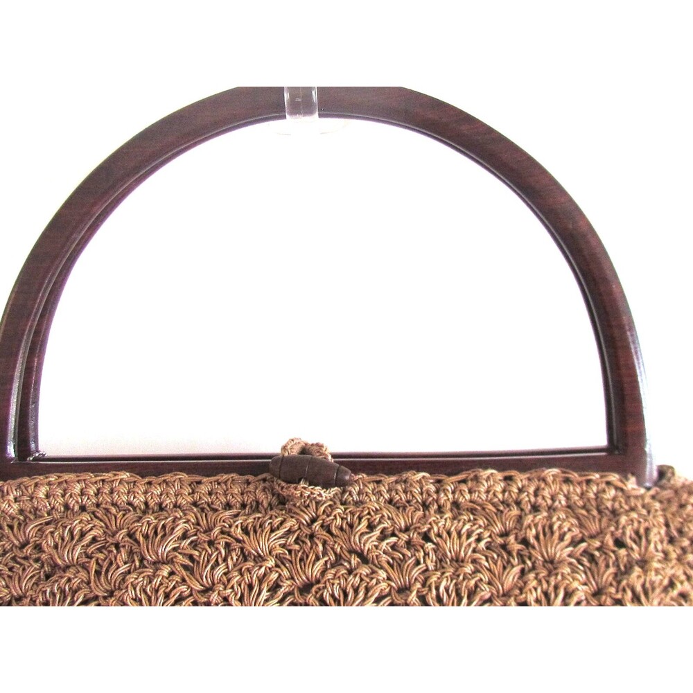 DESIGNER TOTE LE MONDE TAN CROCHET BROWN WOOD DOUBLE HANDLES BUTTON CLOSURE BAG - Picture 9 of 16